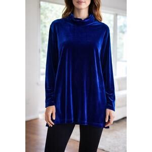 Hot Cotton by Marc Ware Blue Velour Tunic Top Women’s Size L EUC Made USA